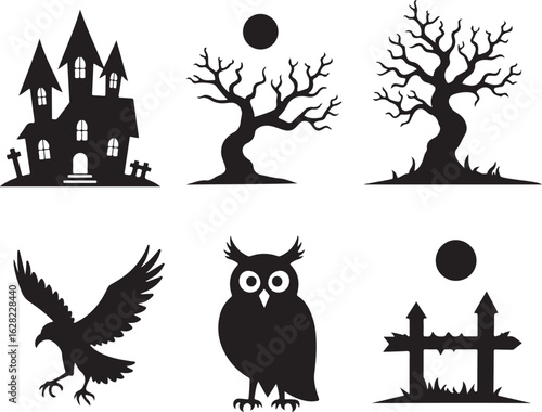 Spooky Halloween silhouettes of haunted house, owl, and eerie trees, perfect art