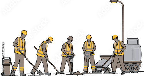 Illustrations of a construction worker team wearing yellow helmets while working on a road construction site