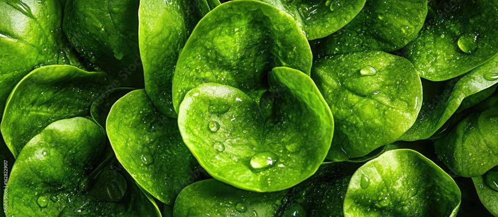 Fototapeta premium Macro shot of fresh green lettuce leaves with water droplets, close-up detail drops over