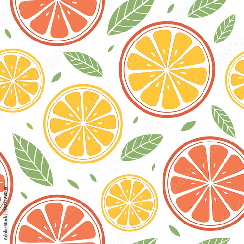 Fresh lemon and orange slice with leaves creates a summer citrus fruit pattern