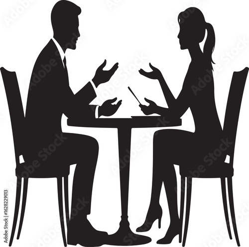 Man and Woman Negotiating Vector Silhouette – Black Figures at Conference TableMan and Woman Negotiating Vector Silhouette – Black Figures at Conference Table