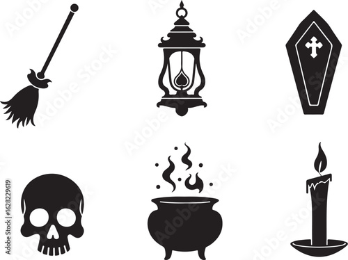 Spooky Halloween icons of a skull, cauldron, coffin, and witch's tools