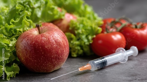 Focus on genetically modified food with an apple, tomatoes, lettuce, and a syringe placed on a textured surface
