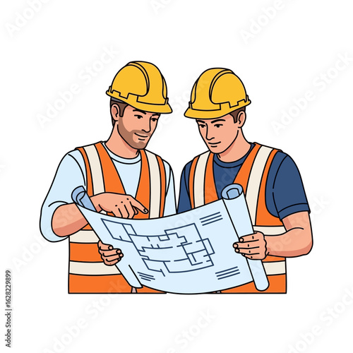 Two male construction workers in hard hats and safety vests are diligently reviewing a detailed blueprint, collaborating on a project plan.
