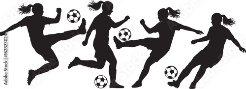 Female soccer players kicking balls football women, soccer, football, players, women, girls, kicking, action, sport, athletic, dynamic, silhouette, black, white, team, game, competition, movement, ene