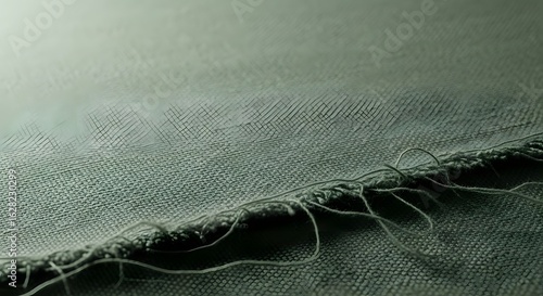 Close-up of a textured fabric edge showing loose threads and frayed edges, highlighting the intricate weave and detailed stitching of the textile.