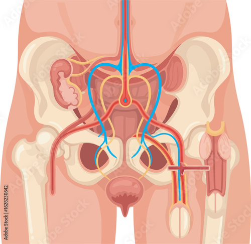 Anatomical illustration of the male urogenital system showing pelvic bones bladder kidneys and major blood vessels.