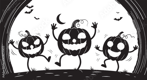 Happy dancing pumpkins with bats and moon halloween, halloween, pumpkins, jackolanterns, dancing, happy, bats, moon, night, spooky, cartoon, black and white, silhouette, celebration, autumn, fall, fes