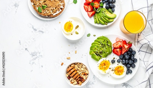 Wallpaper Mural Healthy breakfast spread with boiled eggs, avocado, berries, and toast on a white marble table. Torontodigital.ca