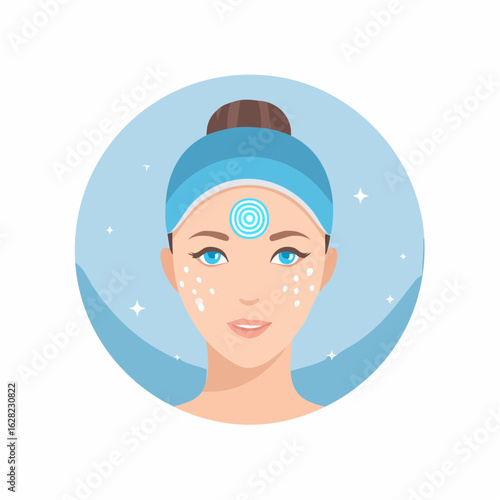 Woman Applying Beauty Cream for Skincare in a Circular Frame Illustration