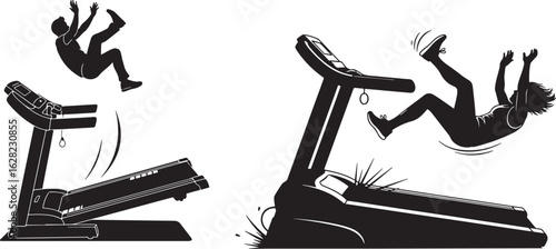 People falling off treadmills exercise fitness, treadmill, falling, exercise, fitness, accident, danger, injury, workout, gym, sport, health, motion, speed, running, person, silhouette, black and whit