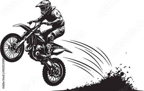 Motocross rider performing a jump motorcycle dirt, motocross, motorcycle, rider, jump, dirt, action, sport, racing, helmet, gear, speed, extreme, outdoor, black and white, illustration, graphic, dynam