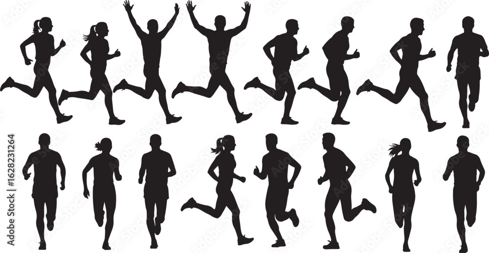 Fototapeta premium Silhouettes of men and women running in various poses, running, runners, athletes, fitness, sport, exercise, action, movement, speed, endurance, competition, race, marathon, track, field, outdoor, act