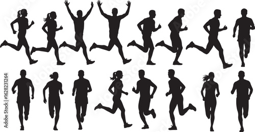 Silhouettes of men and women running in various poses, running, runners, athletes, fitness, sport, exercise, action, movement, speed, endurance, competition, race, marathon, track, field, outdoor, act