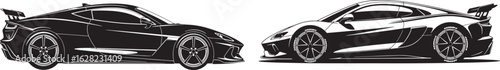 Sleek black sports cars with racing spoilers and custom wheels, sports car, racing car, black and white, automotive, performance vehicle, custom wheels, spoiler, aerodynamic, sleek design, modern, vec
