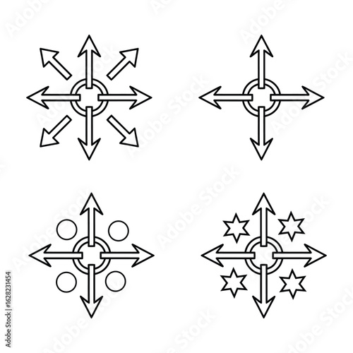 Four circular arrow diagrams with different decorative elements