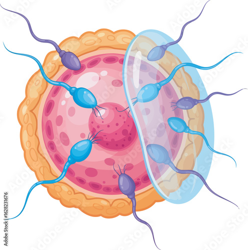 Stylized vector illustration of sperm cells fertilizing a human ovum showing the process of penetration.