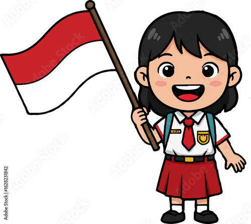 A cute Indonesian elementary school student in uniform, happily waving the national flag. Cartoon vector character illustration.