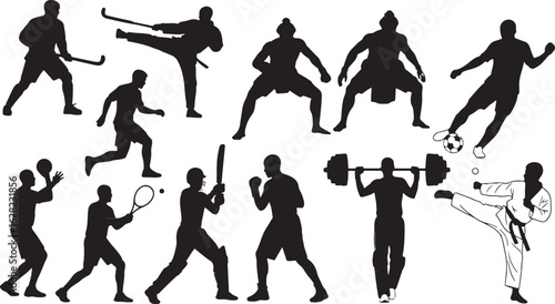 Athletes engaged in various sports and activities hockey, hockey, martial arts, sumo wrestling, basketball, tennis, cricket, boxing, weightlifting, soccer, karate, action, silhouette, sports, athletes