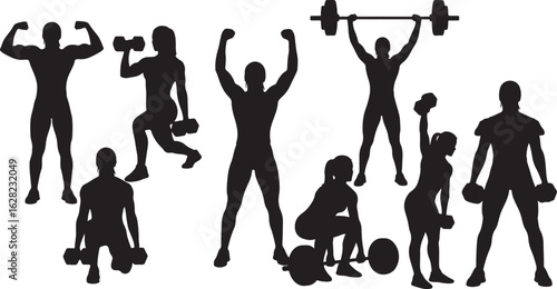 Athletic silhouettes lifting weights and flexing muscles, fitness, exercise, weightlifting, bodybuilding, strength training, dumbbells, barbells, active lifestyle, healthy living, athletic, strong, po
