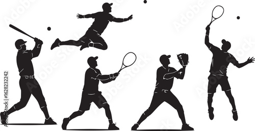 Baseball and tennis players in action sport, baseball, tennis, players, action, sport, athletic, silhouette, batting, catching, serving, playing, game, competition, dynamic, movement, white background