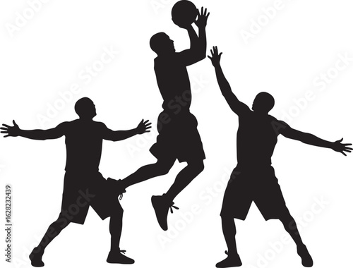 Basketball players action silhouette sport, basketball, players, action, silhouette, sport, game, competition, team, athletic, jump, shoot, defense, offense, movement, dynamic, black and white, illust