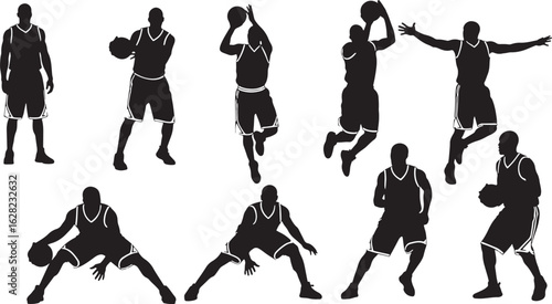Basketball players in action silhouettes dribbling, basketball, players, silhouettes, action, dribbling, shooting, jumping, defense, offense, sports, athletes, black and white, dynamic, movement, game