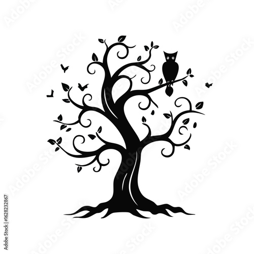 Mystical silhouette of a wise owl perched on an enchanted, swirling tree with flying birds. A graphic symbol of nature's magic and knowledge.