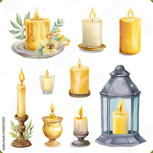 Vector illustration of decorative burning candles and lantern on white background