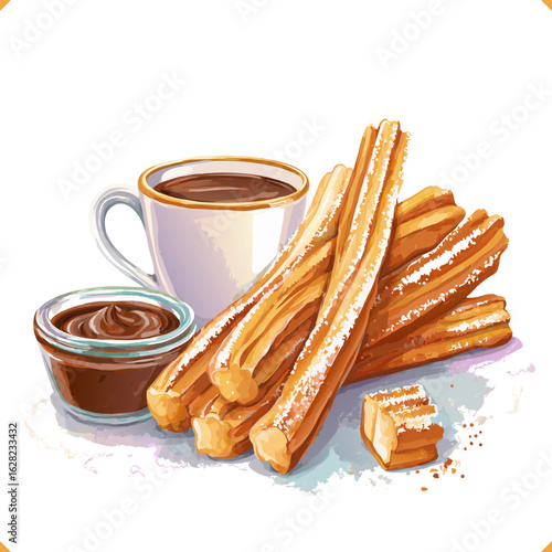 Vector illustration of churros with chocolate dip and coffee on white background. Vector illustration of bakery and beverage on white background