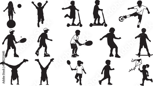 Children playing sports and outdoor activities silhouettes, children, silhouettes, playing, sports, activities, outdoors, ball, soccer, tennis, badminton, rollerblading, skateboarding, scooter, kite, 