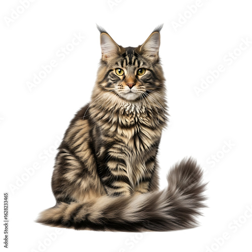 Majestic maine coon cat sitting and looking at the camera, isolated on transparent background
