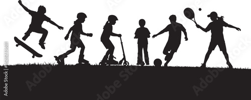 Children playing sports and riding scooters and skateboards, children, silhouettes, skateboarding, rollerblading, scooter, soccer, tennis, grass, outdoor, active, recreation, sports, play, fun, summer