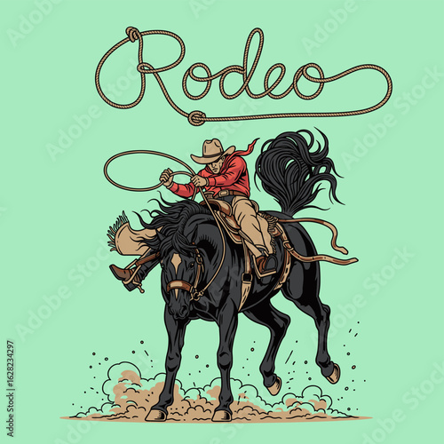 Vintage western artwork featuring a cowboy on a bucking bronco. A vintage illustration of rodeo cowboy. Western theme vector artwork for t-shirts prints, posters and other uses. 