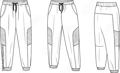 Trendy Men's and Women's Casual Sweatpants Fashion Flat Sketch Drawing with Detailed Pockets, Cuffs, and Drawstring for Streetwear Apparel Design.