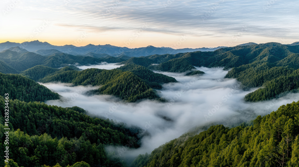 Fototapeta premium Misty hills enveloped in fog during blue hour create serene landscape