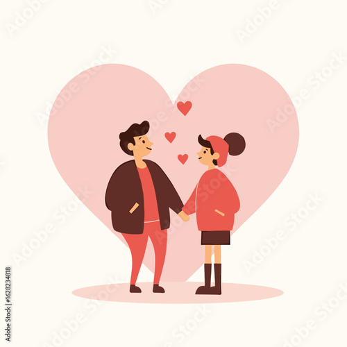 Young couple in love holding hands with heart background vector