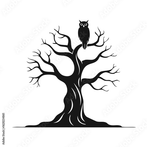 Stylized black silhouette of a wise owl resting on a bare, twisted tree. A minimalist symbol of knowledge and nature, perfect for a logo design.