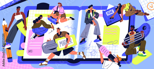 Concept of work planning. Organization of teamwork, time management. Team writes tasks, goals, aims in notebook together. Tiny people are making agenda, schedule, timetable. Flat vector illustration