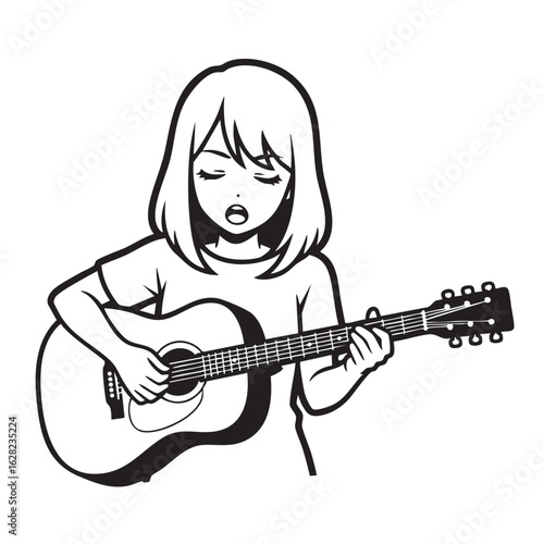 JapaneseAnimeGirlPlayingGuitarMonochromeIllustration