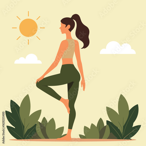 Young woman practicing yoga tree pose outdoors in the sun