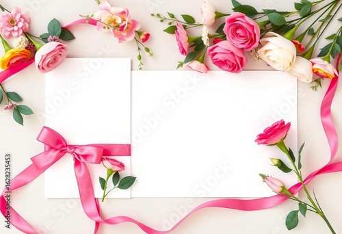 Elegant wedding stationery mockup with floral arrangements and ribbons,  floral,   lace