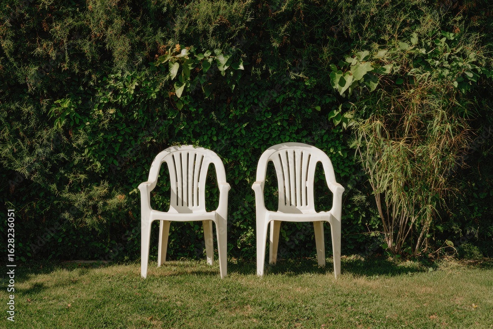 Two white plastic chairs facing forward, set against a dense green hedge Two white plastic chairs facing forward, set against a dense green hedge