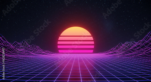 Retro synthwave 80s neon grid with glowing horizon and starry night sky
