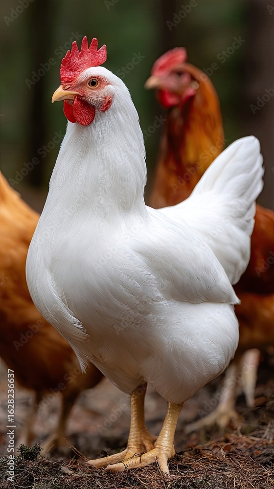 Fototapeta premium Chickens foraging among tall green grass in a rural setting under a cloudy sky during the day