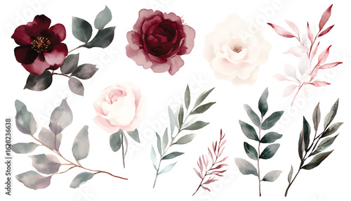 Watercolor floral elements with deep red and pale pink roses and green leaves illustration