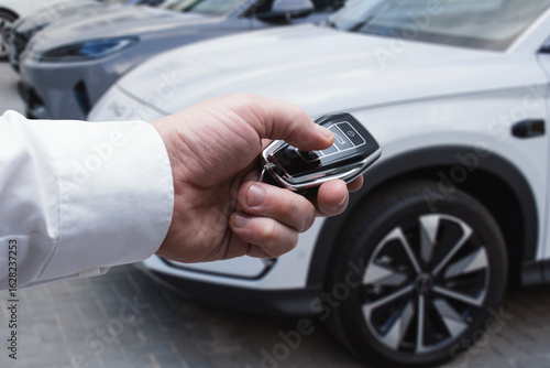 Businessman holding car keys near premium electric auto in store showroom parking lot. Car rental, car purchase and car showroom concept.