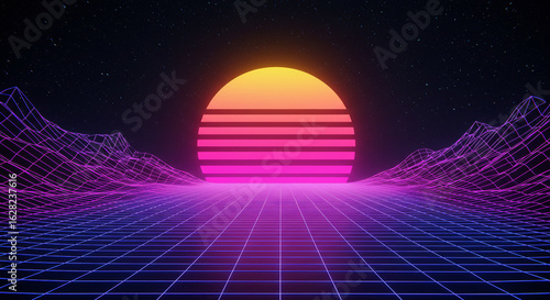 Retro synthwave 80s neon grid with glowing horizon and starry night sky