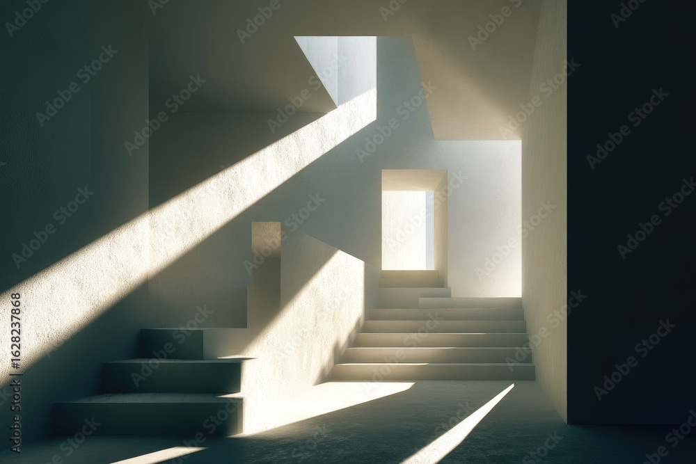 Fototapeta premium Sunlight streams through modern, minimalist interior