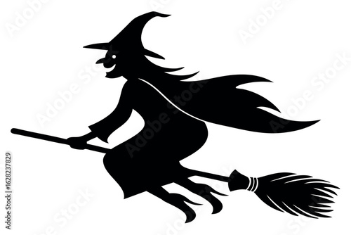 Silhouette witch with pointed hat is flying on her broomstick on transparent background